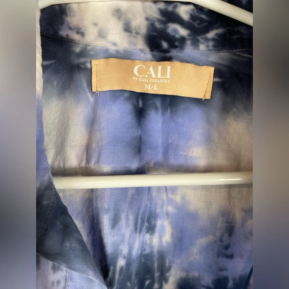 CALI  Tie Dye Button Down Shirt Long Sleeve Blue Black White Size L/M - Picture 3 of 4